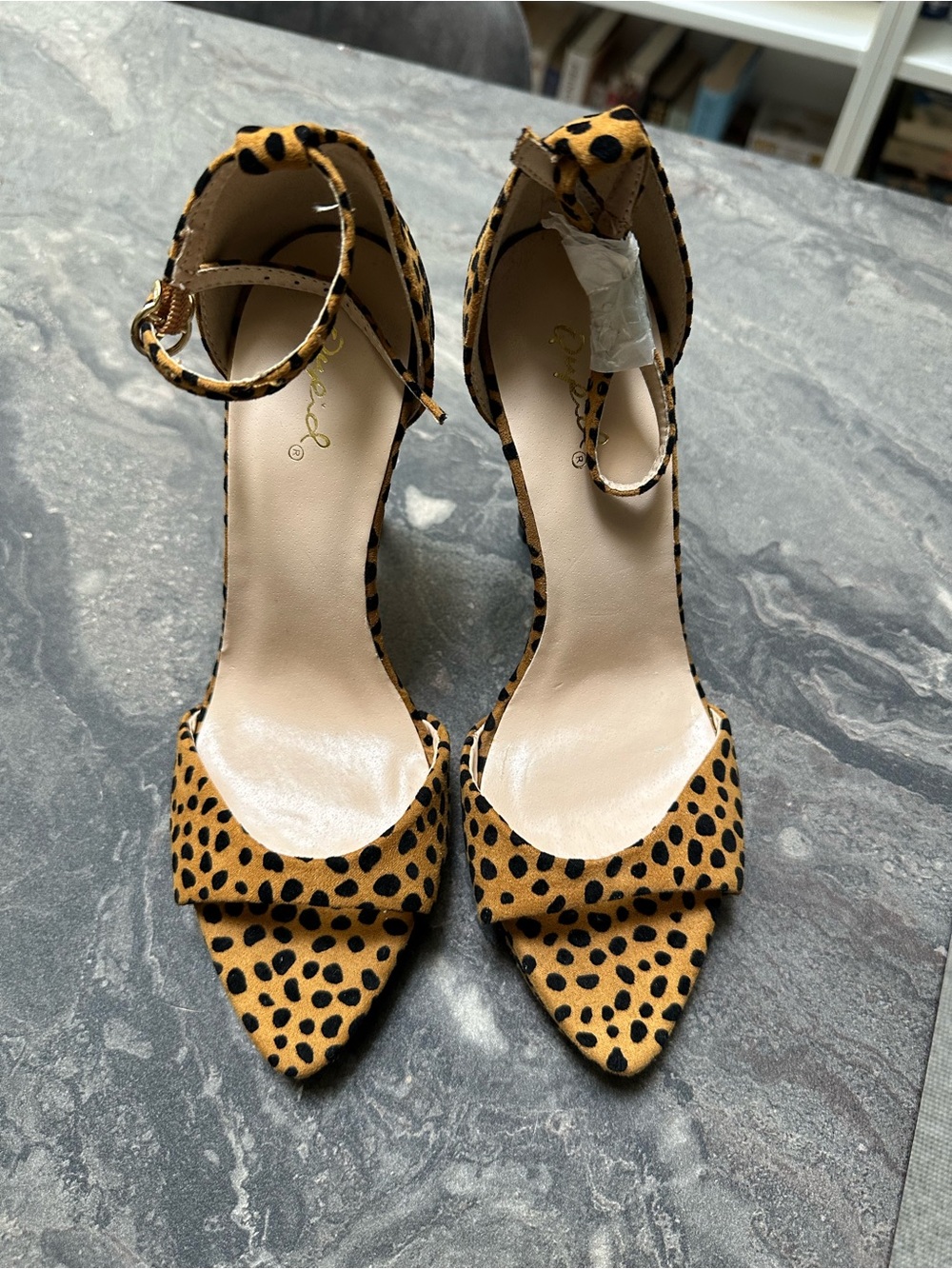 Qupid Leopard Print Pointed Toe Ankle-Strap Heels - Tan and Black